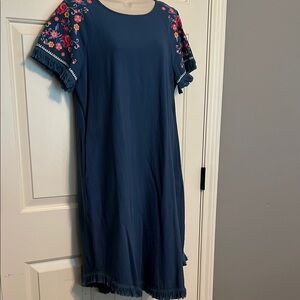 100% Cotton Blue Dress with floral sleeves and fringe